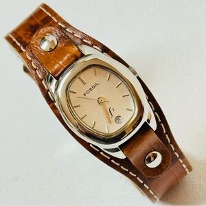 Vintage Fossil Women's Cuff Watch Date Silver Brown Croco Leather ES-9730